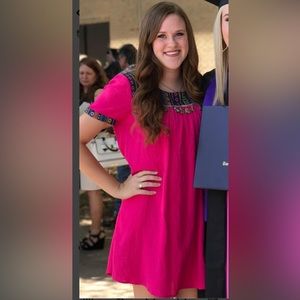 Jodifl Womens MEDIUM Boho Tapestry Tassel Pink Shift dress Lined Coastal Beach